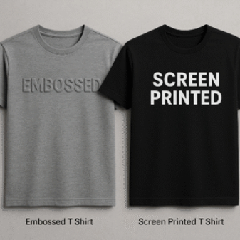 Embossed vs. screen printed T shirts showcasing texture difference