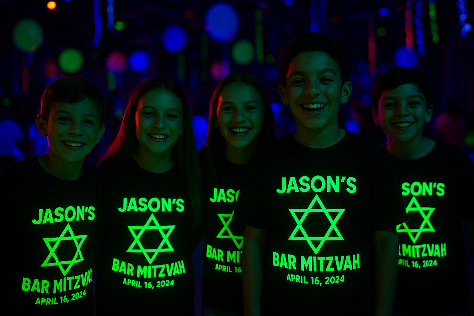Kids celebrating at a Bar Mitzvah wearing custom black glow-in-the-dark shirts with a Star of David and event details, under vibrant blacklight party lighting.