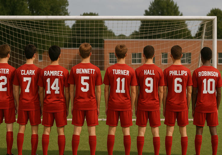 Nine high school soccer players wearing matching red jerseys with unique names and numbers, standing in front of a goal on a school field. Custom Name and Number T-Shirts for Sports Teams.