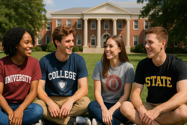 Students wearing wholesale soft cotton customized tees for universities on campus
