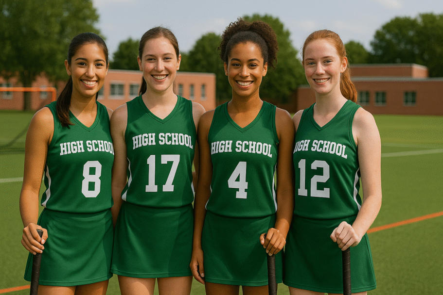 Four high school female athletes in green field hockey uniforms with numbered jerseys posing on a turf field in front of school buildings. Custom Name and Number T-Shirts for Sports Teams
