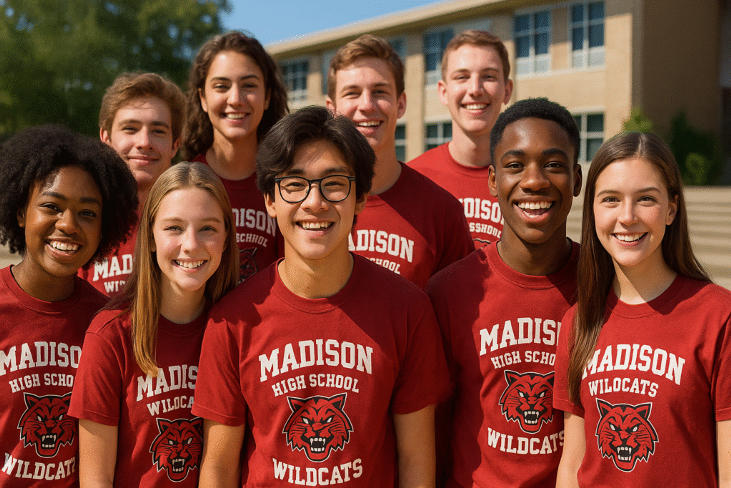 Group of diverse high school students wearing matching personalized Madison High School spirit wear shirts with a wildcat logo, standing together outside the school.