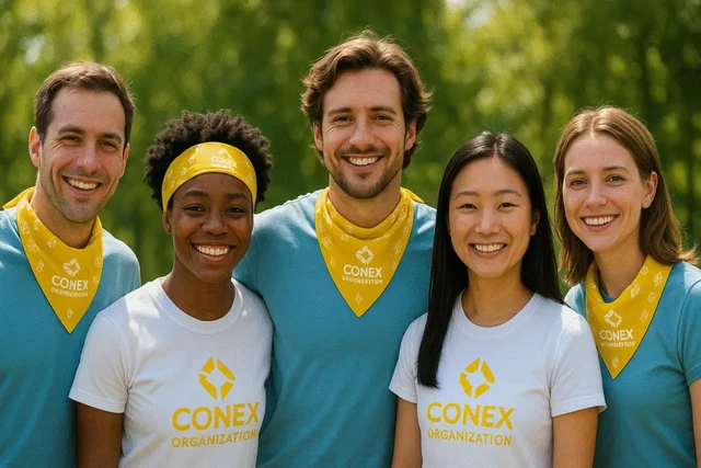 Five team members wearing yellow custom bandanas with Conex Organization logo at an outdoor company event, showcasing bulk custom bandanas in use