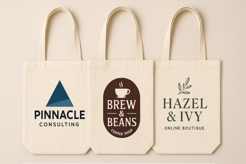 Three custom branded tote bags laid flat featuring logos for a consulting firm, a coffee shop, and an online boutique, displayed on a neutral background
