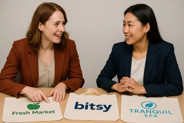 Two professional women discussing custom tote bag designs at a table, pointing to three branded canvas totes featuring logos for Fresh Market, Bitsy, and Tranquil Spa